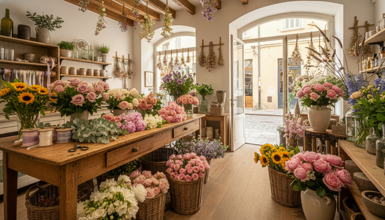 Atelier de fleuriste avec bouquets de saison