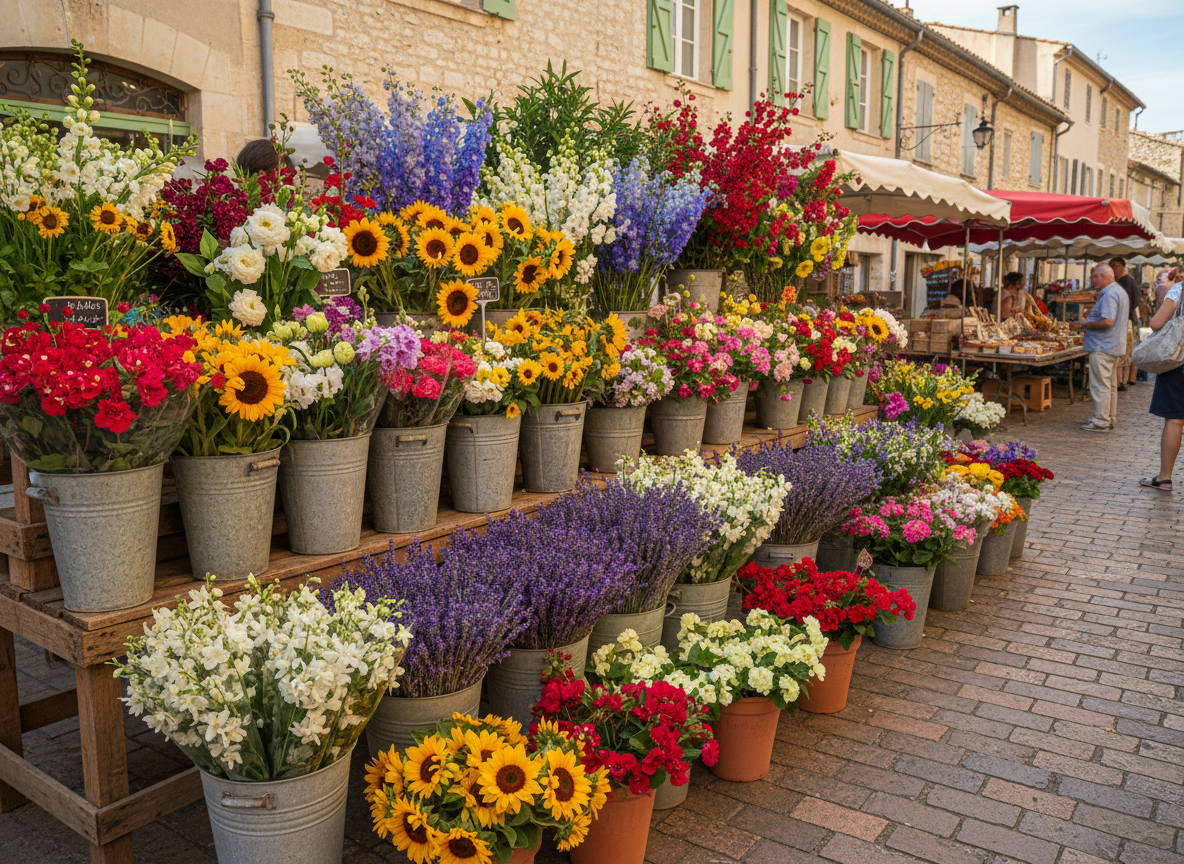 Fleurs de saison en climat méditerranéen illustré par une composition florale